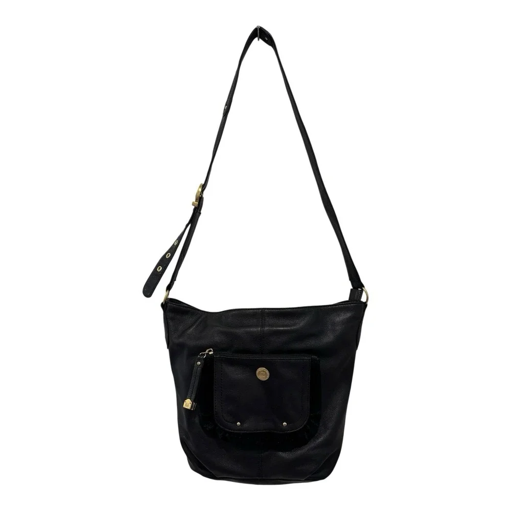 Stone Mountain Hampton‎ Shoulder Crossbody Bag Black Leather Zip Adj Stap Clean